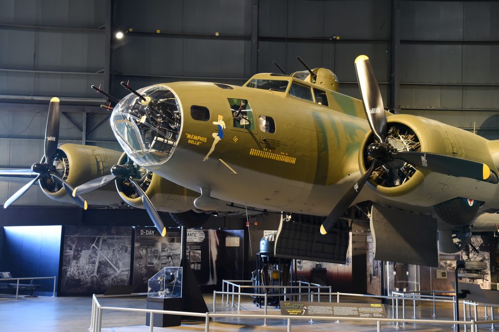 The famous Boeing B-17F Memphis Belle is on display in the WWII Gallery at the National Museum of the United States Air Force.